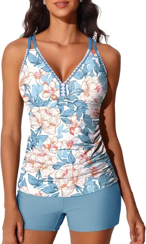 Summer Mae V-Neck Women Tankini Swimsuits Two-Piece with Side Pockets Swim Shorts 2025 Tie-Back Straps Bathing Suits