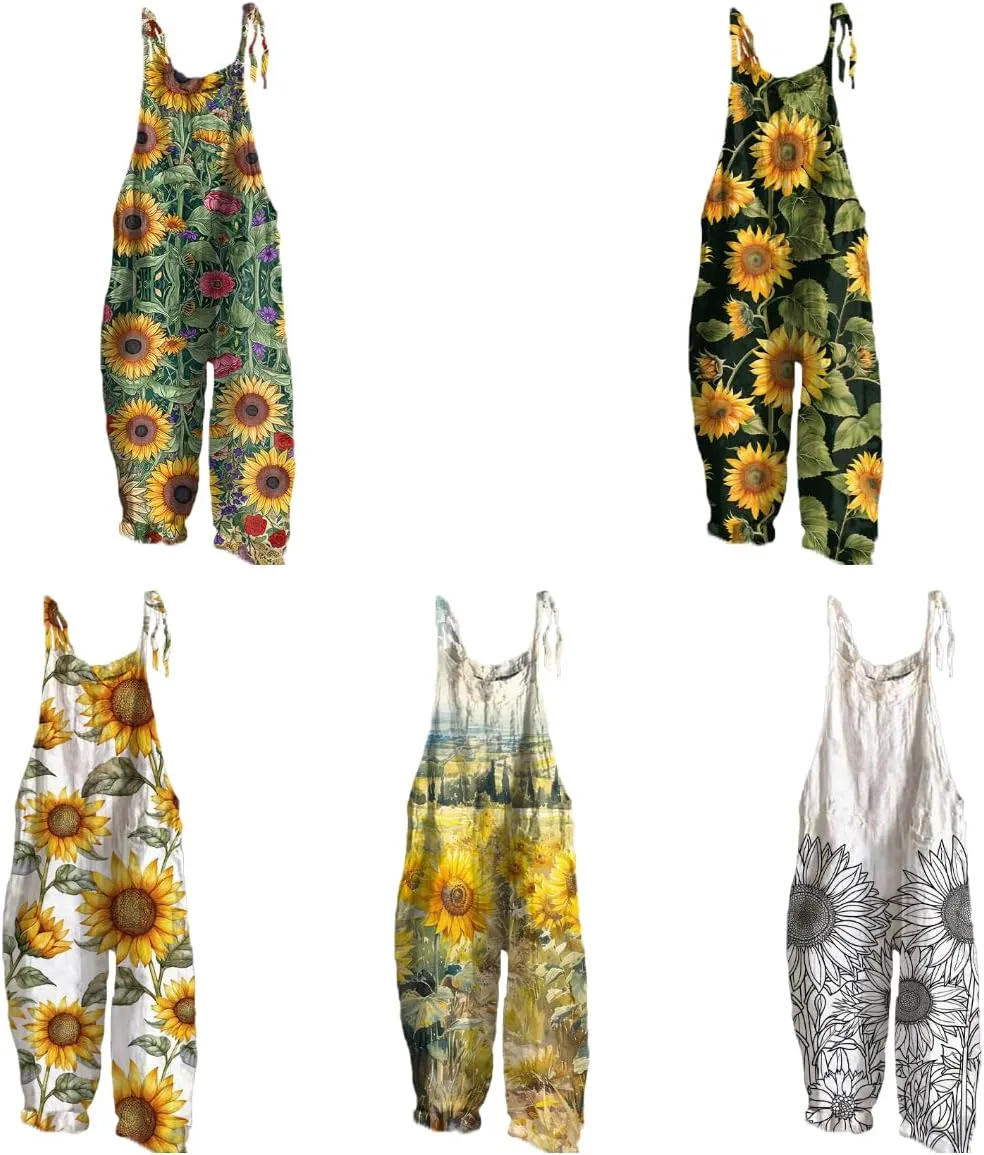 Sunflower Jumpsuits for Women Comfy Rompers Sleeveless Strappy Wide Leg Loose Vintage Overall Jumpsuits