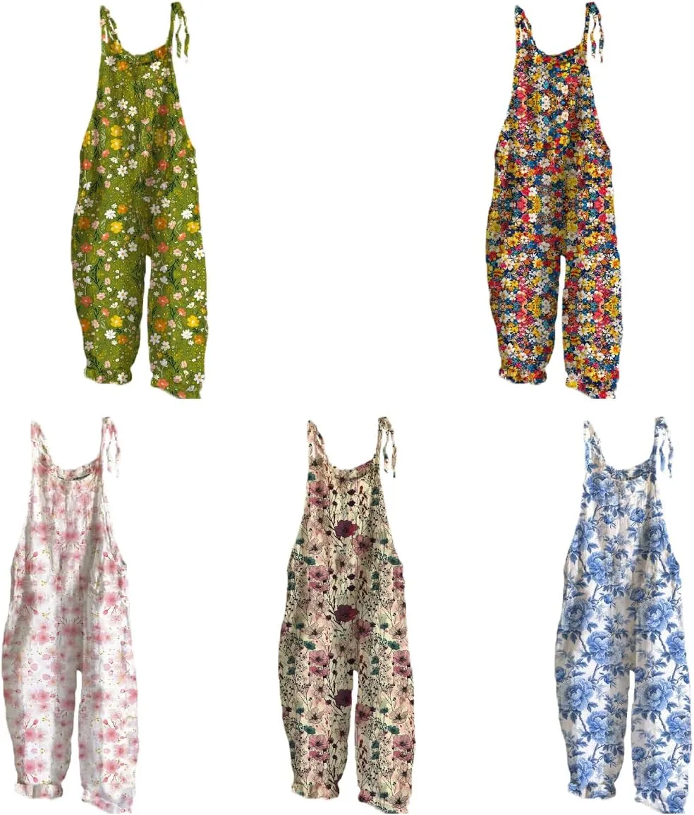 Sunflower Jumpsuits for Women Comfy Rompers Sleeveless Strappy Wide Leg Loose Vintage Overall Jumpsuits