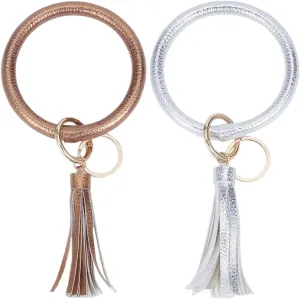 SUNNYCLUE 2Pcs Wrist Keychain Bracelet Wristlet Bracelet Keychains Leather Wristlet Keychain Wrist Key Chain Bracelets Gold Silver Key Chains for Women Mens Bags Purse Wallet Car Keys Decorations