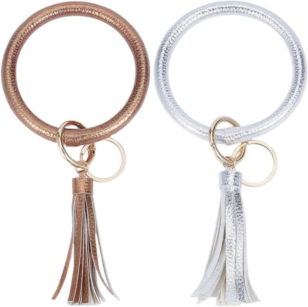 SUNNYCLUE 2Pcs Wrist Keychain Bracelet Wristlet Bracelet Keychains Leather Wristlet Keychain Wrist Key Chain Bracelets Gold Silver Key Chains for Women Mens Bags Purse Wallet Car Keys Decorations