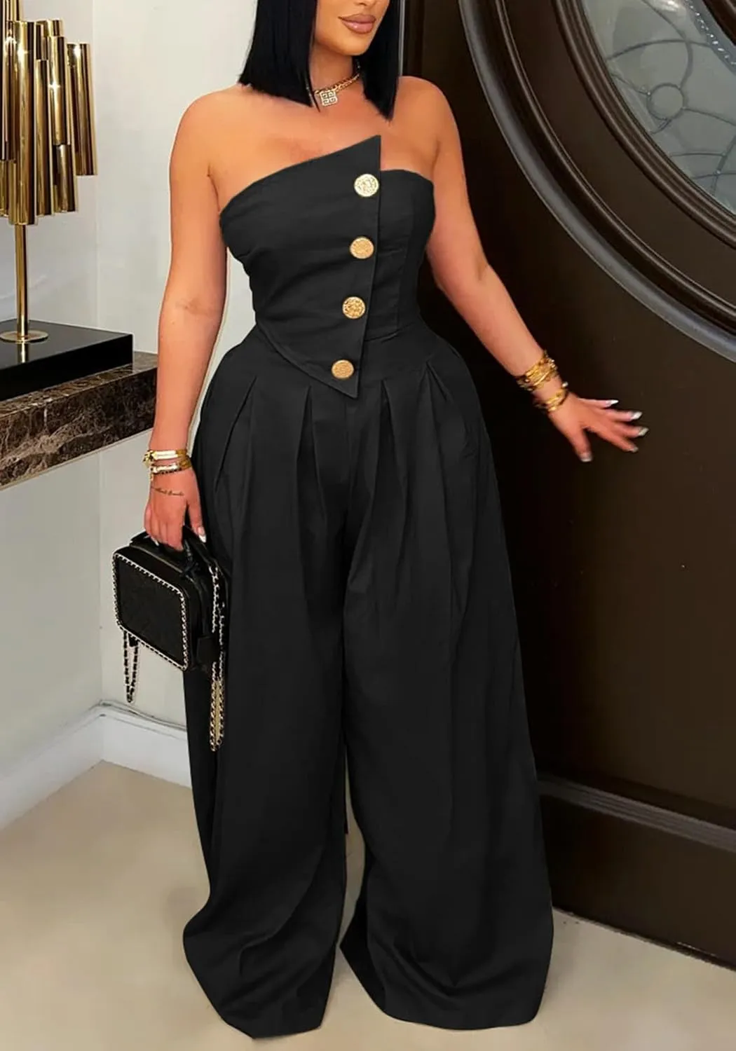 Tcremisa Sexy Strapless Cargo Jumpsuit Summer Sleeveless Metal Button One Piece Wide Leg Jumpsuits Romper