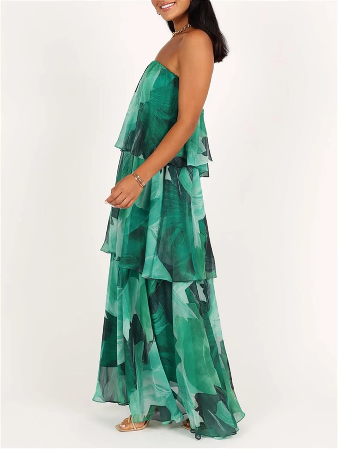 Thopavenoir Women's Strapless Floral Print Maxi Dress Chiffon Layered Tiered Tube Dresses Boho Baggy Swing Beach Sundresses