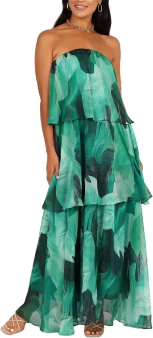 Thopavenoir Women's Strapless Floral Print Maxi Dress Chiffon Layered Tiered Tube Dresses Boho Baggy Swing Beach Sundresses