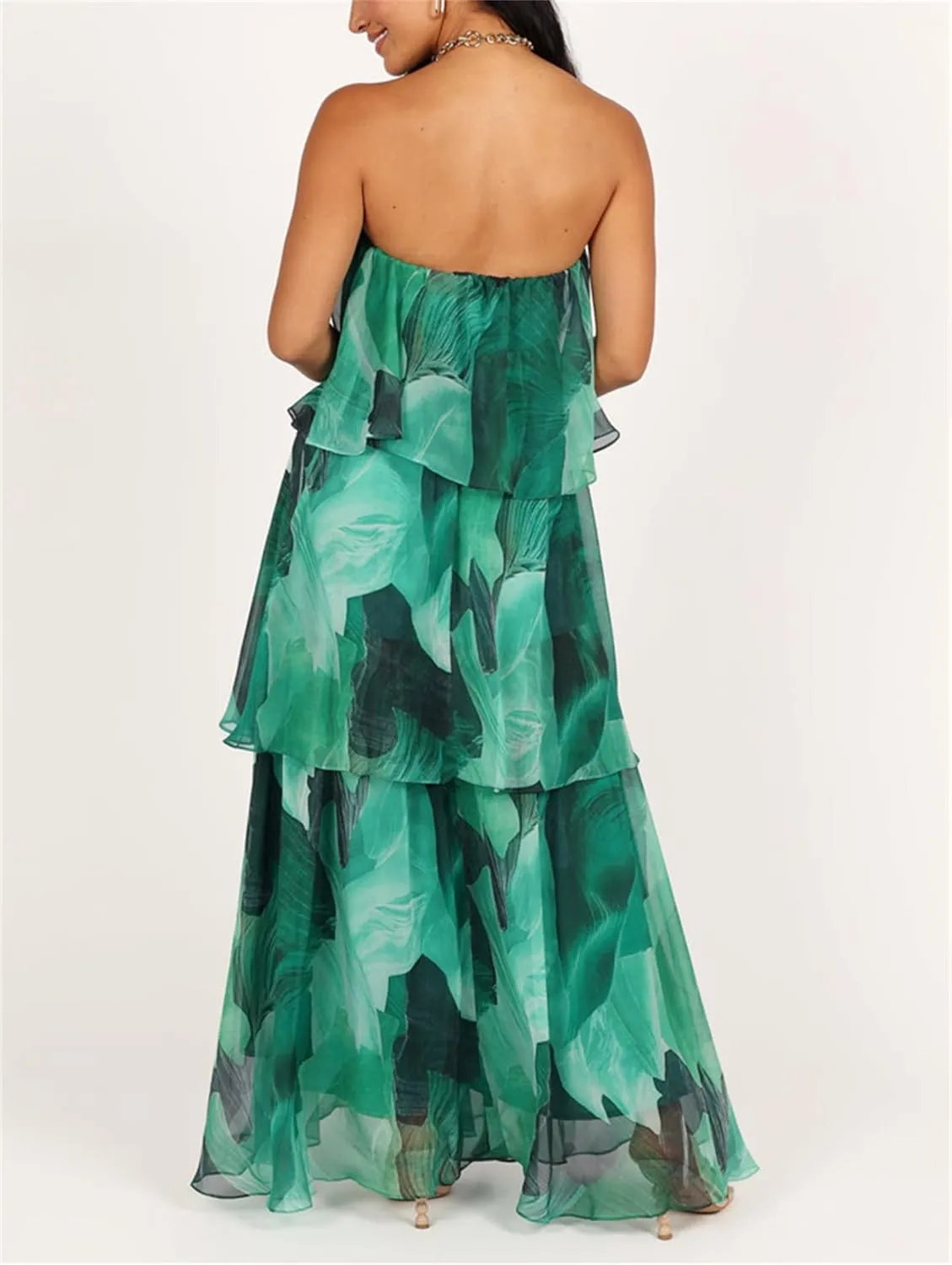 Thopavenoir Women's Strapless Floral Print Maxi Dress Chiffon Layered Tiered Tube Dresses Boho Baggy Swing Beach Sundresses