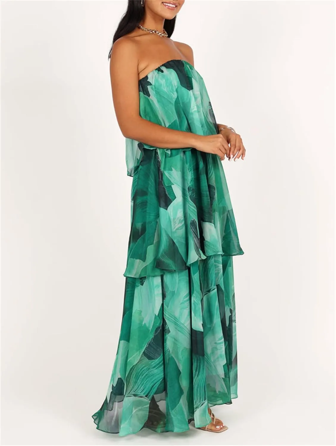 Thopavenoir Women's Strapless Floral Print Maxi Dress Chiffon Layered Tiered Tube Dresses Boho Baggy Swing Beach Sundresses