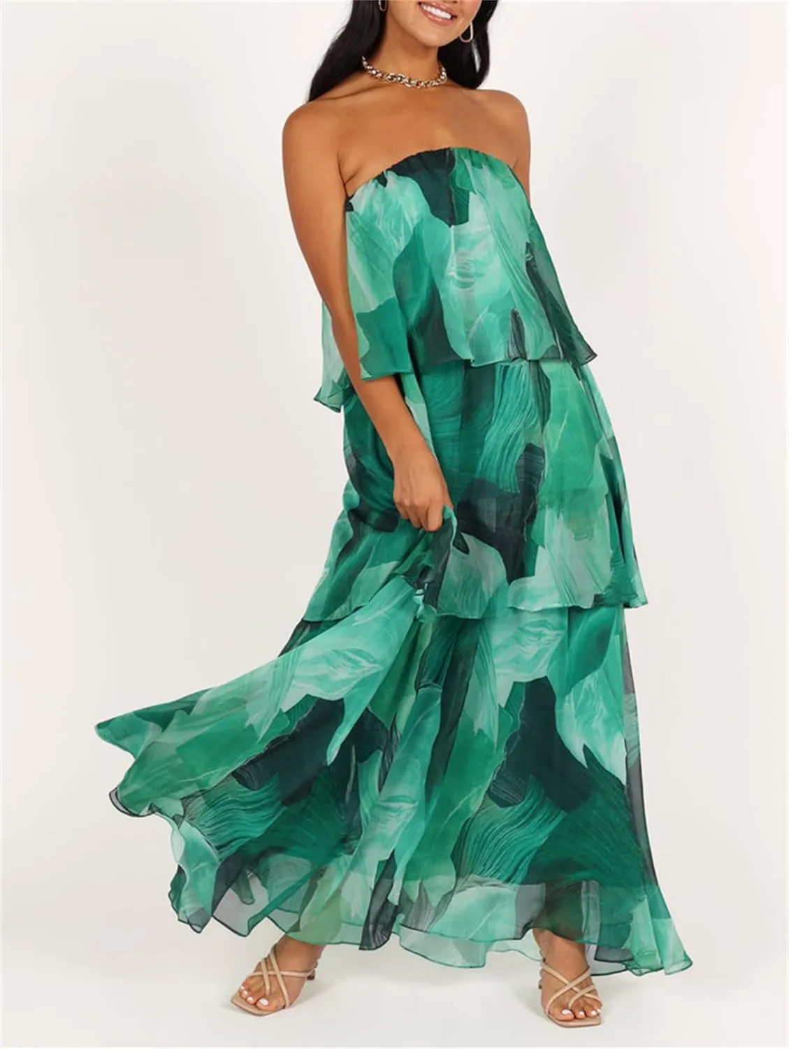 Thopavenoir Women's Strapless Floral Print Maxi Dress Chiffon Layered Tiered Tube Dresses Boho Baggy Swing Beach Sundresses
