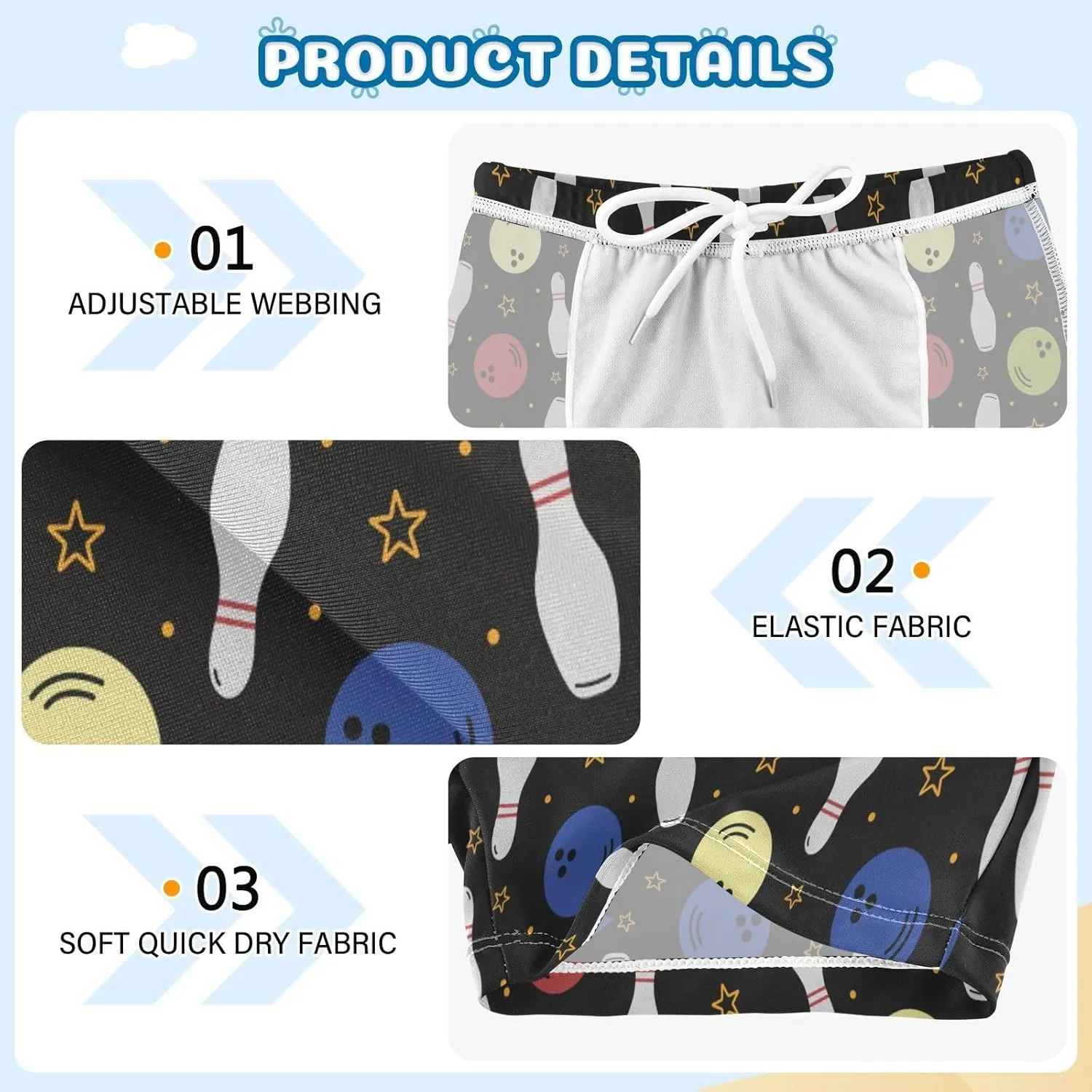 Toddler Boys Swim Trunks,Bowling Pins and Balls on Black Pattern Soft Kids Swim Shorts Sports Pants for Beach Pool