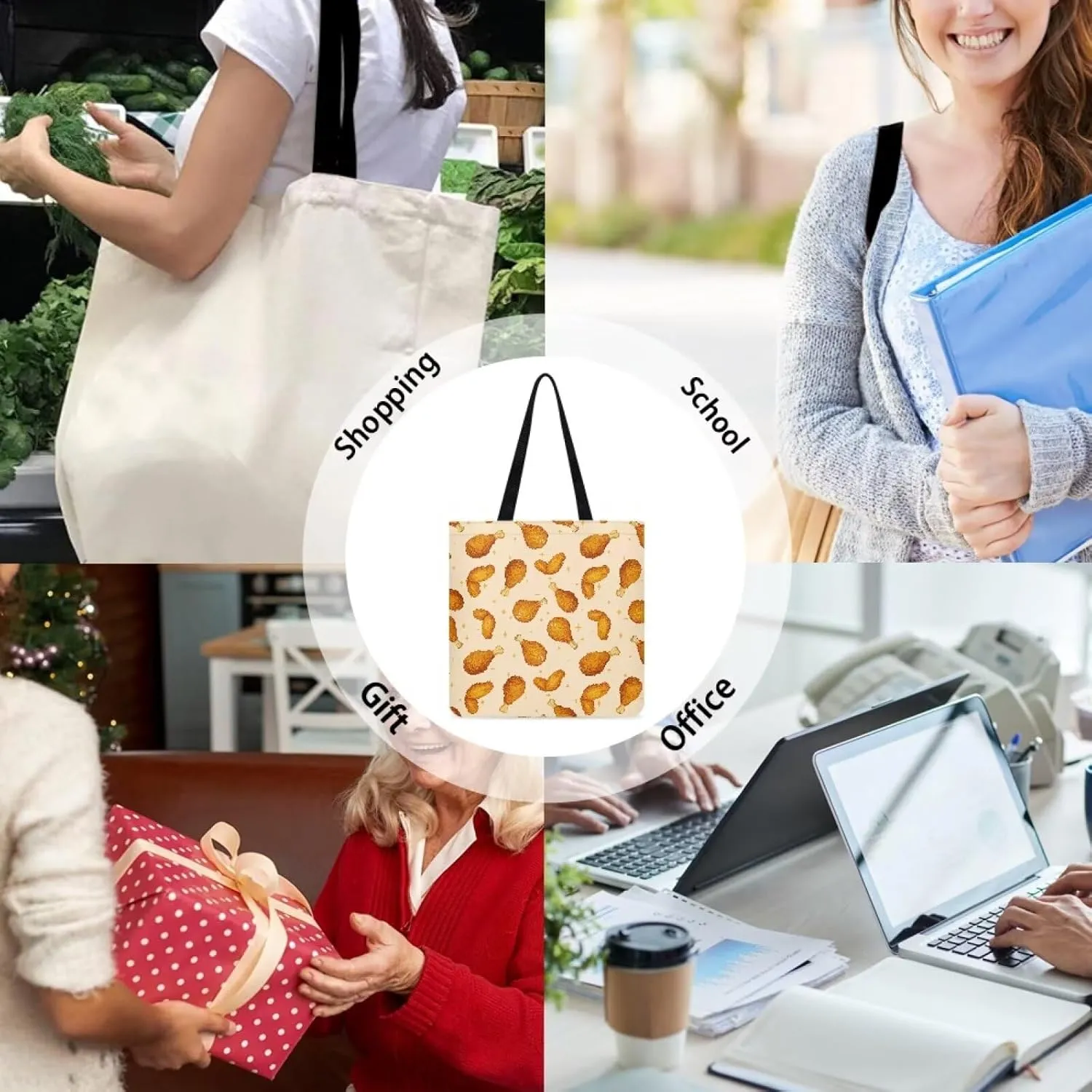 Tote Bag with Unique Patterns Reusable Handbag for Shopping School Sports Beach Food carrying and Gifts