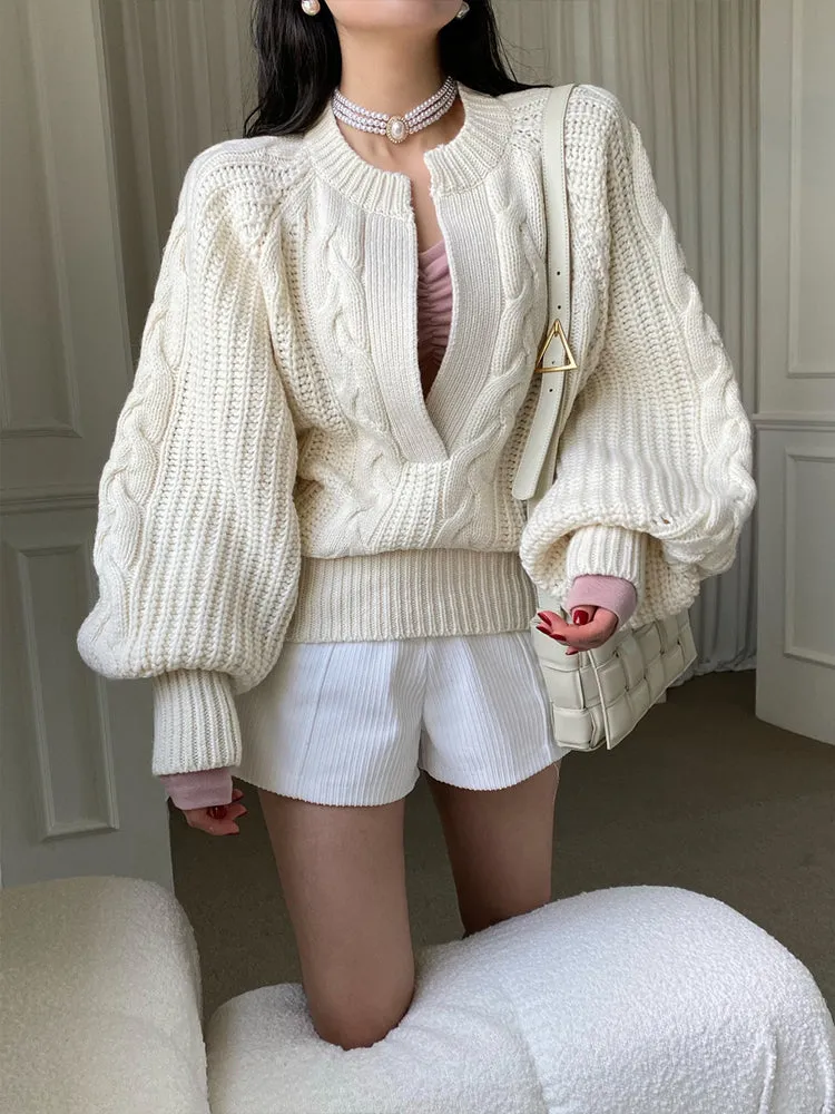 Twist Pattern Lantern Sleeve Knitted Sweater