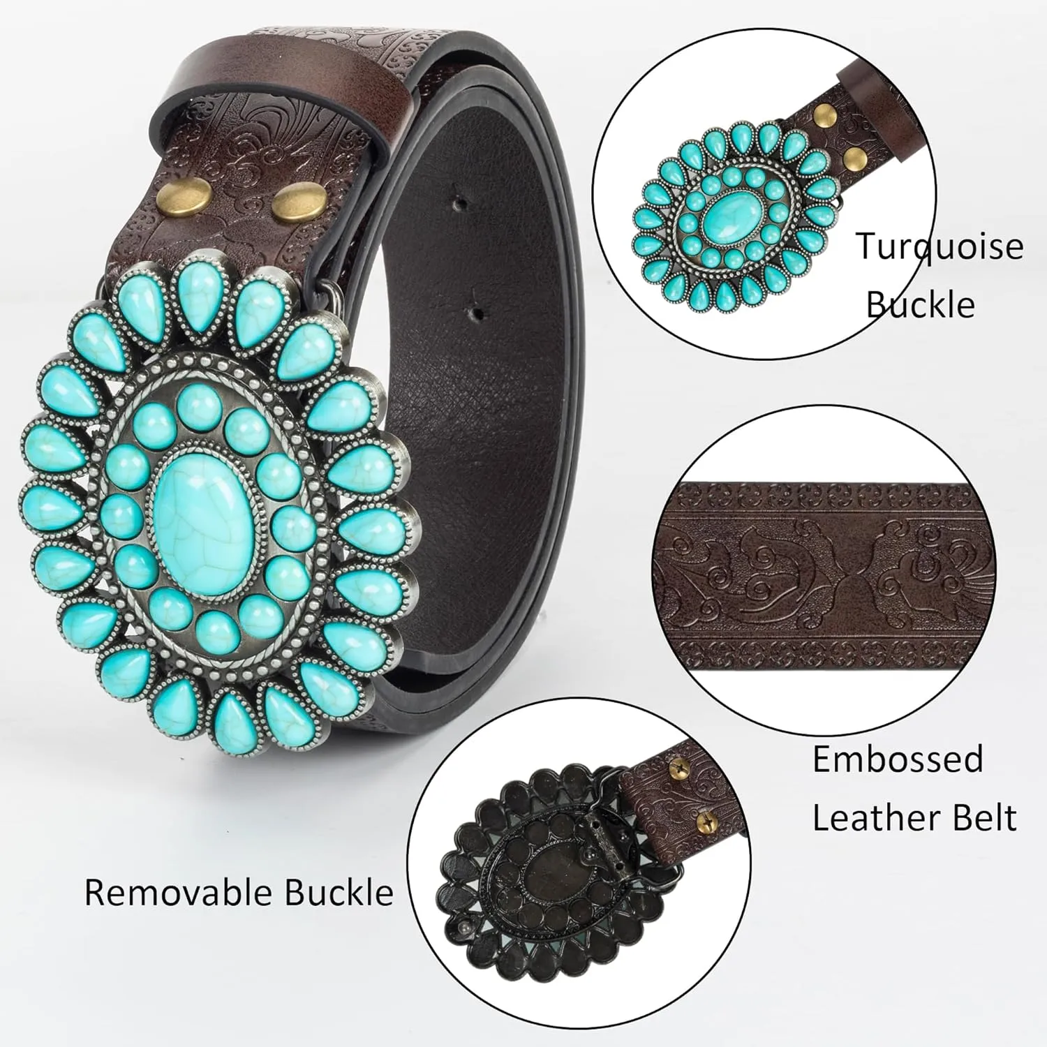 UTOWO Women Western-Turquoise-Belt Embossed-PU-Leather-Cowgirl-Belt Applies-Jeans-Pants-Dresses for Rodeo-Country-Concert