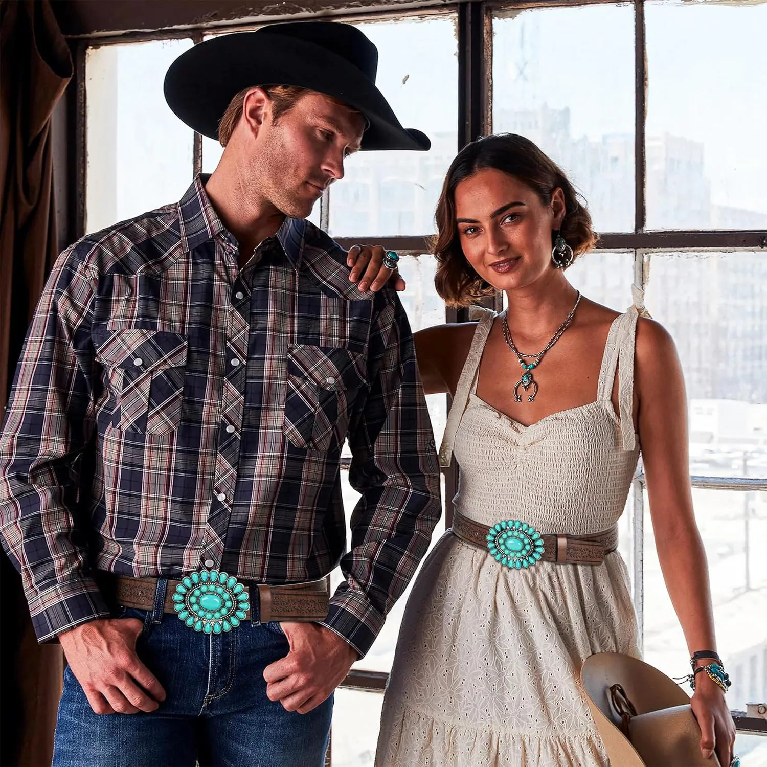 UTOWO Women Western-Turquoise-Belt Embossed-PU-Leather-Cowgirl-Belt Applies-Jeans-Pants-Dresses for Rodeo-Country-Concert