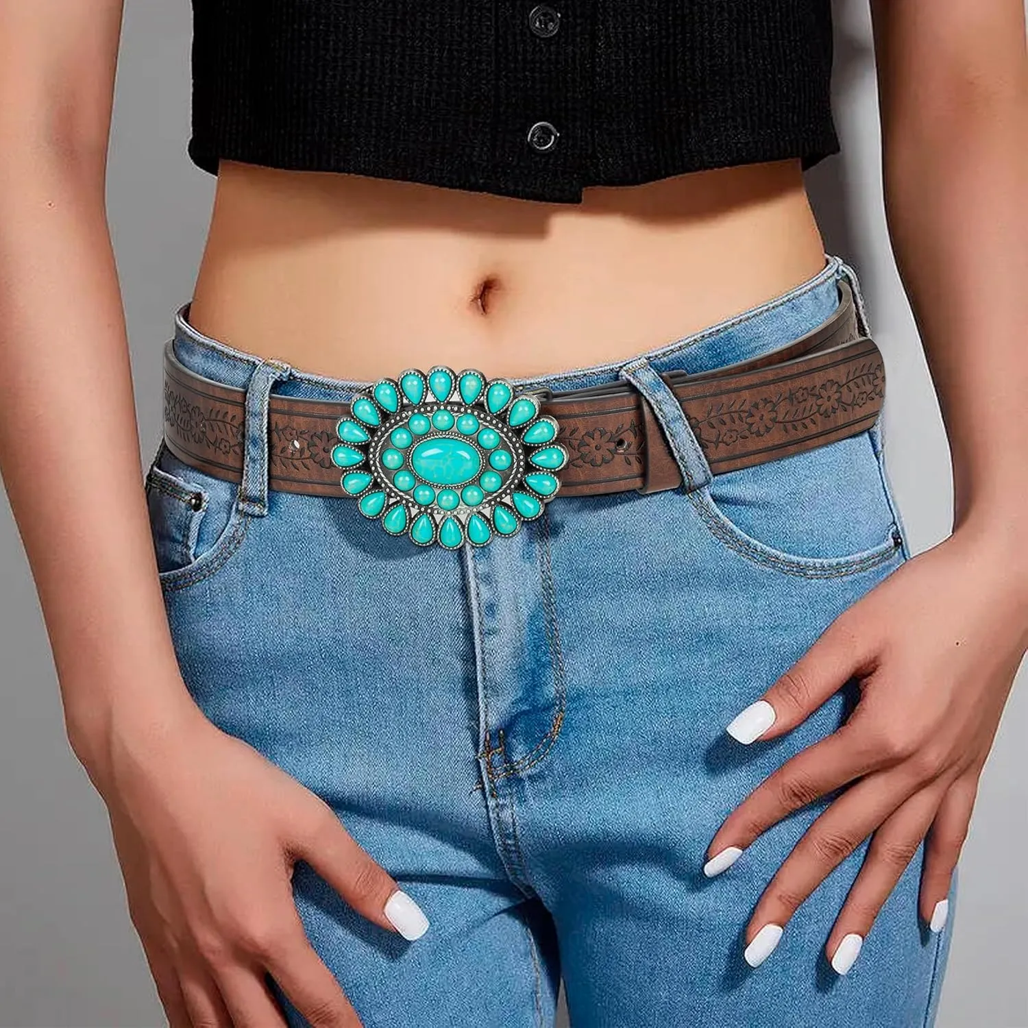 UTOWO Women Western-Turquoise-Belt Embossed-PU-Leather-Cowgirl-Belt Applies-Jeans-Pants-Dresses for Rodeo-Country-Concert