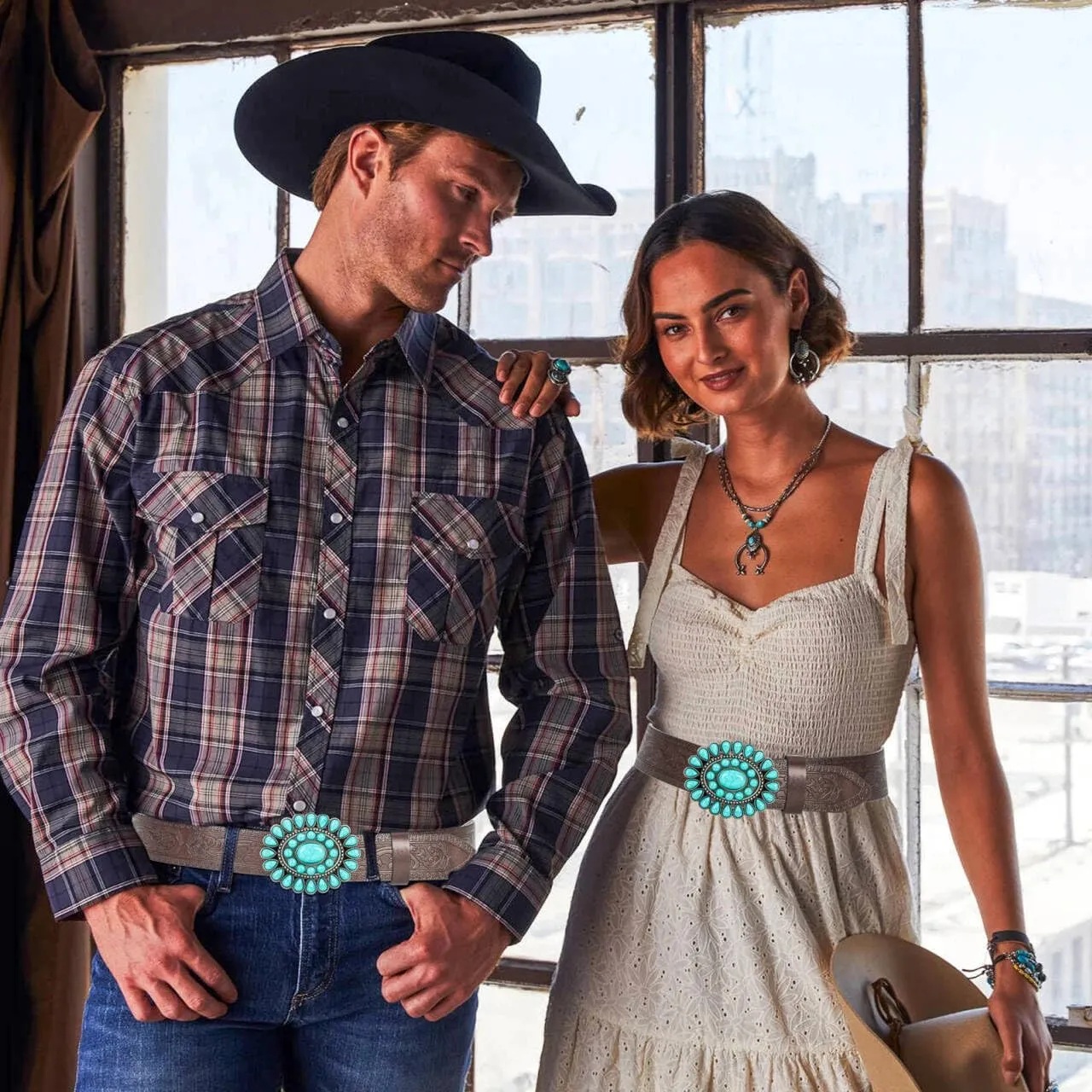 UTOWO Women Western-Turquoise-Belt Embossed-PU-Leather-Cowgirl-Belt Applies-Jeans-Pants-Dresses for Rodeo-Country-Concert