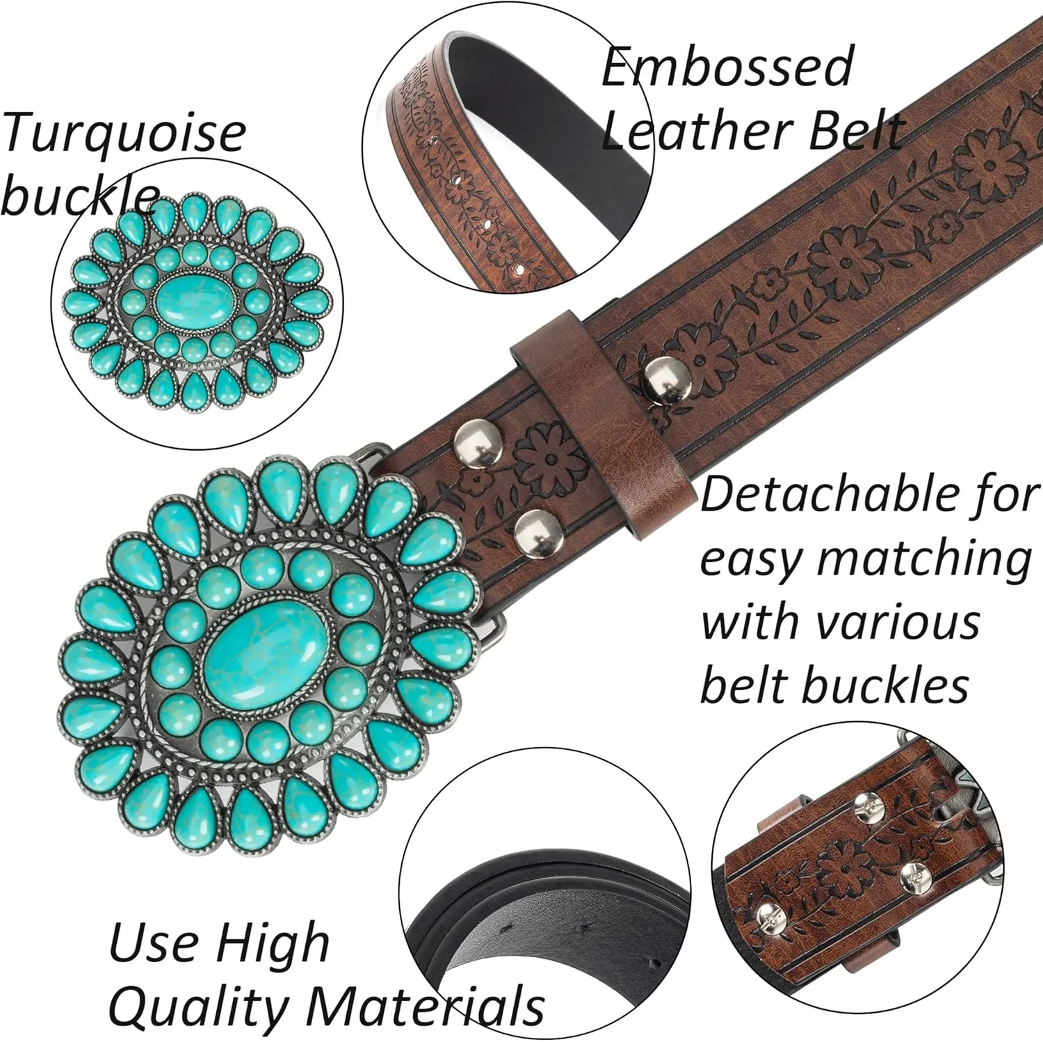 UTOWO Women Western-Turquoise-Belt Embossed-PU-Leather-Cowgirl-Belt Applies-Jeans-Pants-Dresses for Rodeo-Country-Concert
