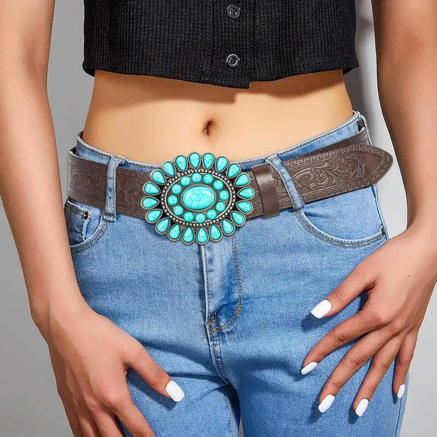 UTOWO Women Western-Turquoise-Belt Embossed-PU-Leather-Cowgirl-Belt Applies-Jeans-Pants-Dresses for Rodeo-Country-Concert