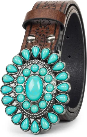 UTOWO Women Western-Turquoise-Belt Embossed-PU-Leather-Cowgirl-Belt Applies-Jeans-Pants-Dresses for Rodeo-Country-Concert