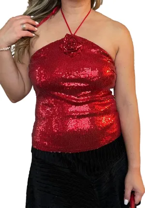 Vaceky Flower Sequin Halter Tops Women Cropped Sleeveless Backless Sparkly Camisole