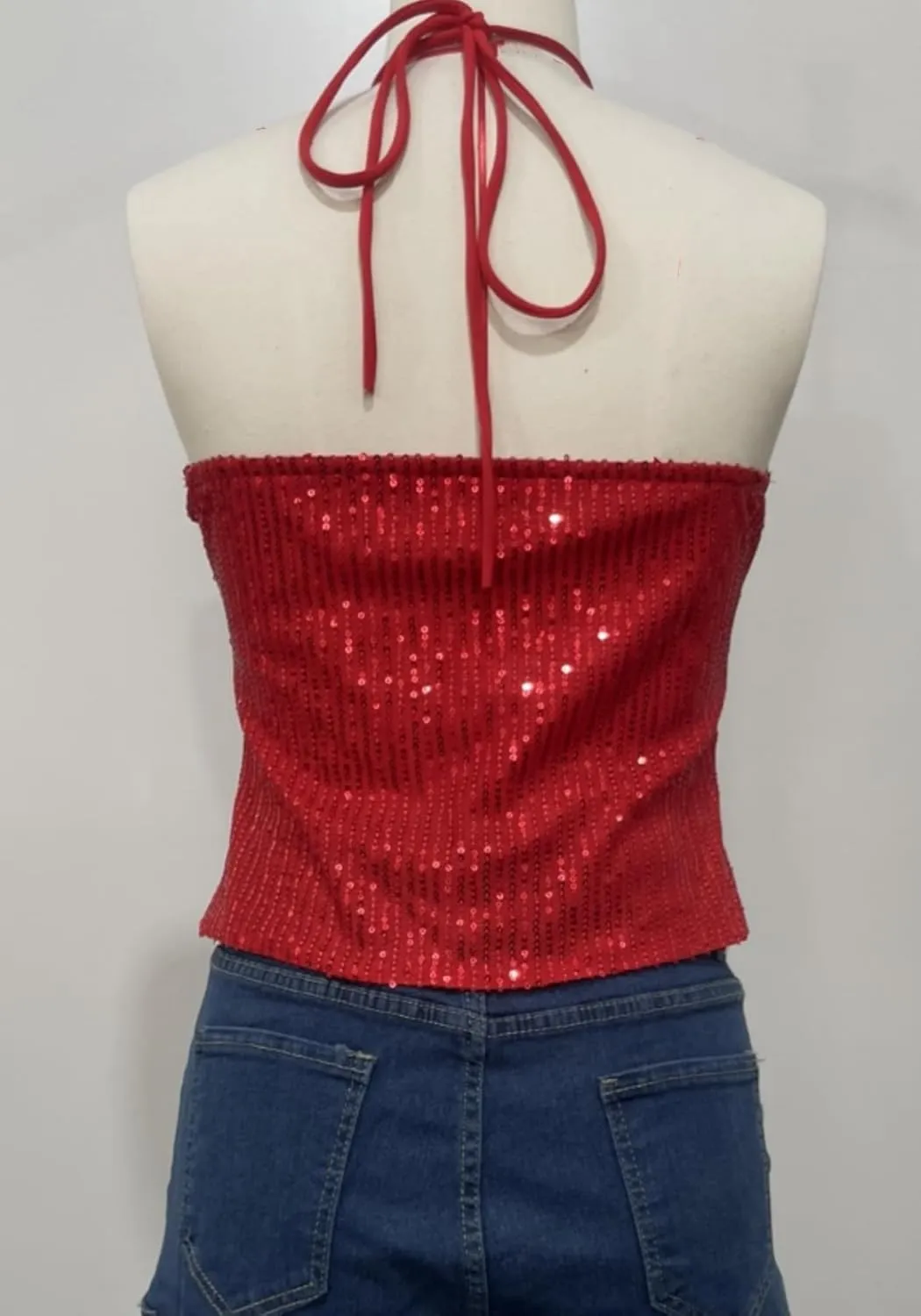 Vaceky Flower Sequin Halter Tops Women Cropped Sleeveless Backless Sparkly Camisole