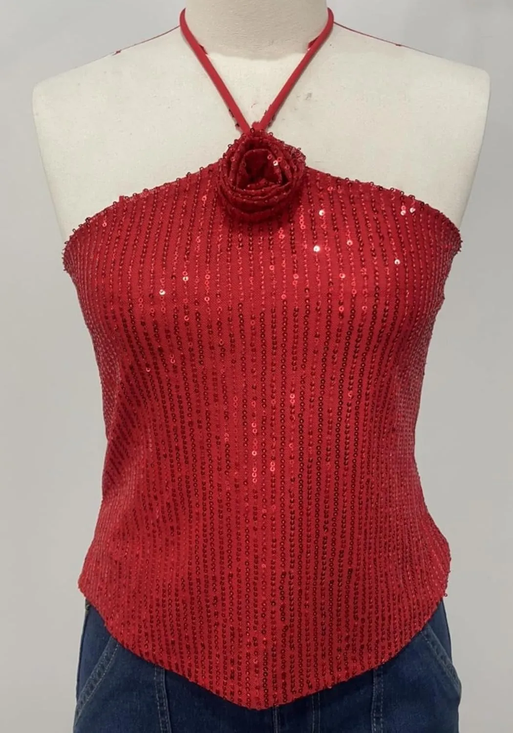 Vaceky Flower Sequin Halter Tops Women Cropped Sleeveless Backless Sparkly Camisole