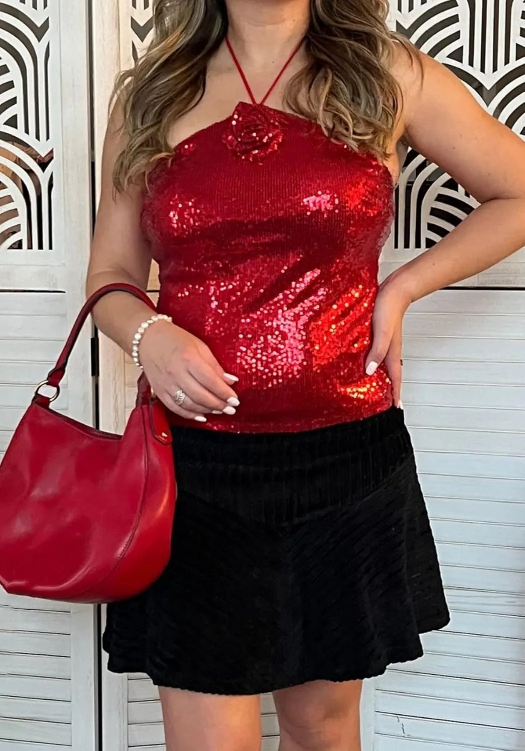 Vaceky Flower Sequin Halter Tops Women Cropped Sleeveless Backless Sparkly Camisole