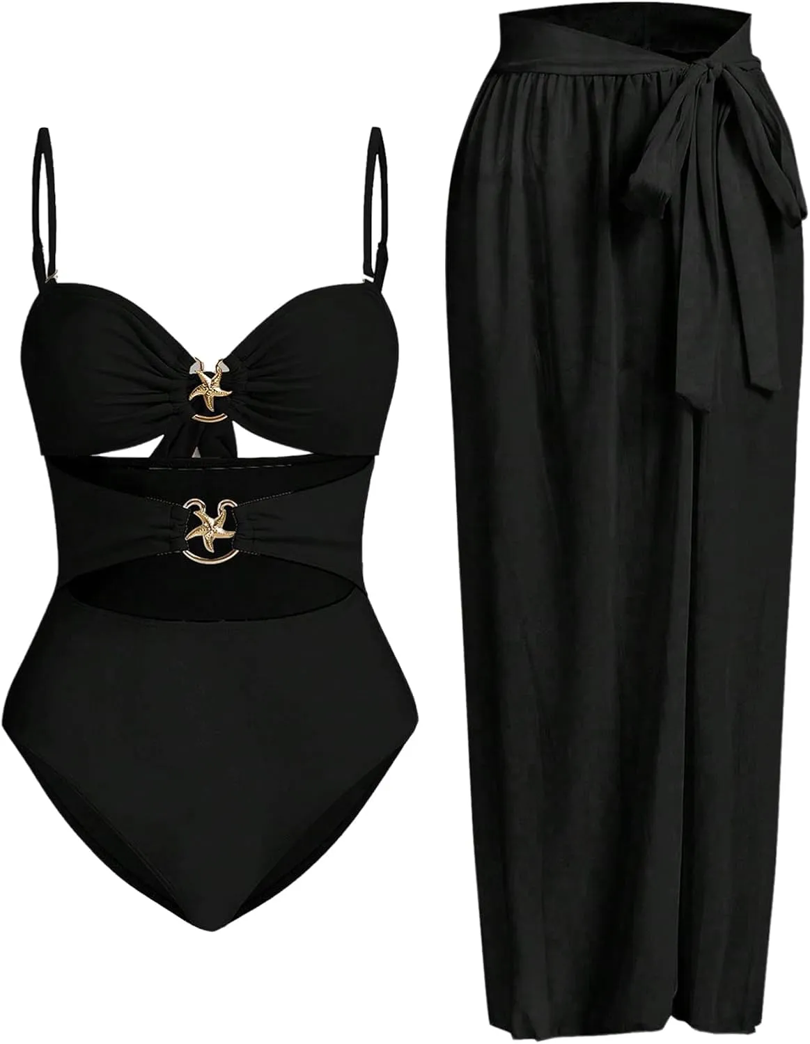 Verdusa Women's Cut Out One Piece Backless Wireless Swimsuit with Cover Up Skirt
