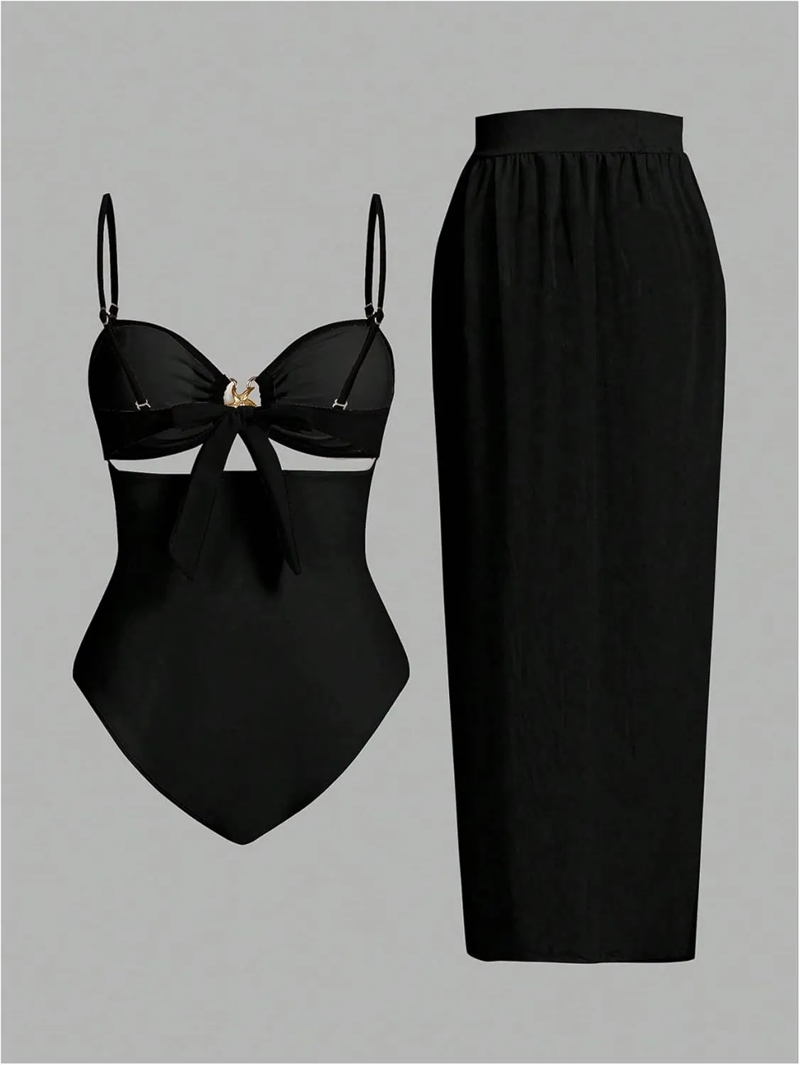 Verdusa Women's Cut Out One Piece Backless Wireless Swimsuit with Cover Up Skirt