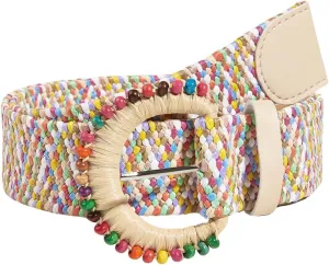 Verdusa Women's Round Buckle Straw Belts Boho Braided Waist Belt