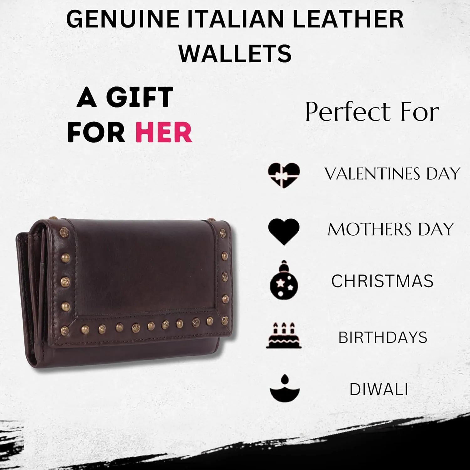 Vintage Italian Leather Boho Studded Trifold Wallet  Zipper Coin Purse & Credit Card Holder for Women (Brown)