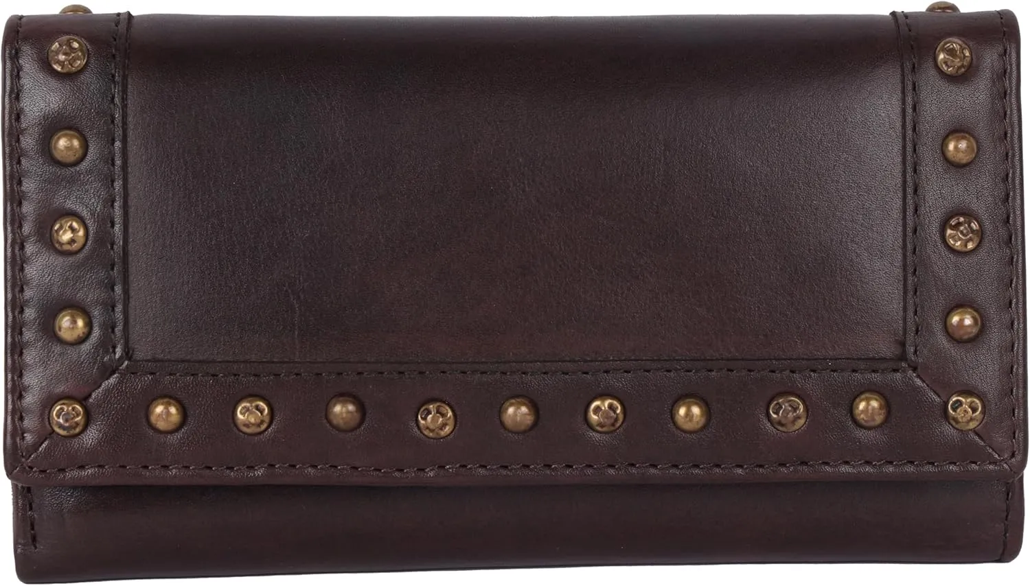Vintage Italian Leather Boho Studded Trifold Wallet  Zipper Coin Purse & Credit Card Holder for Women (Brown)