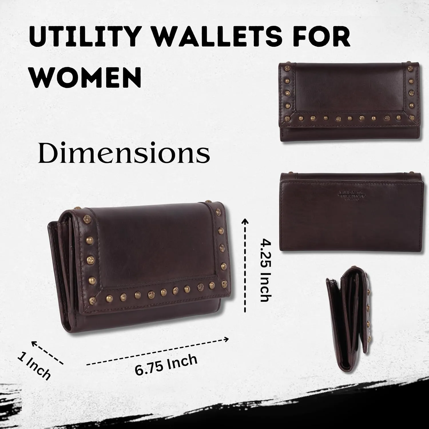 Vintage Italian Leather Boho Studded Trifold Wallet  Zipper Coin Purse & Credit Card Holder for Women (Brown)