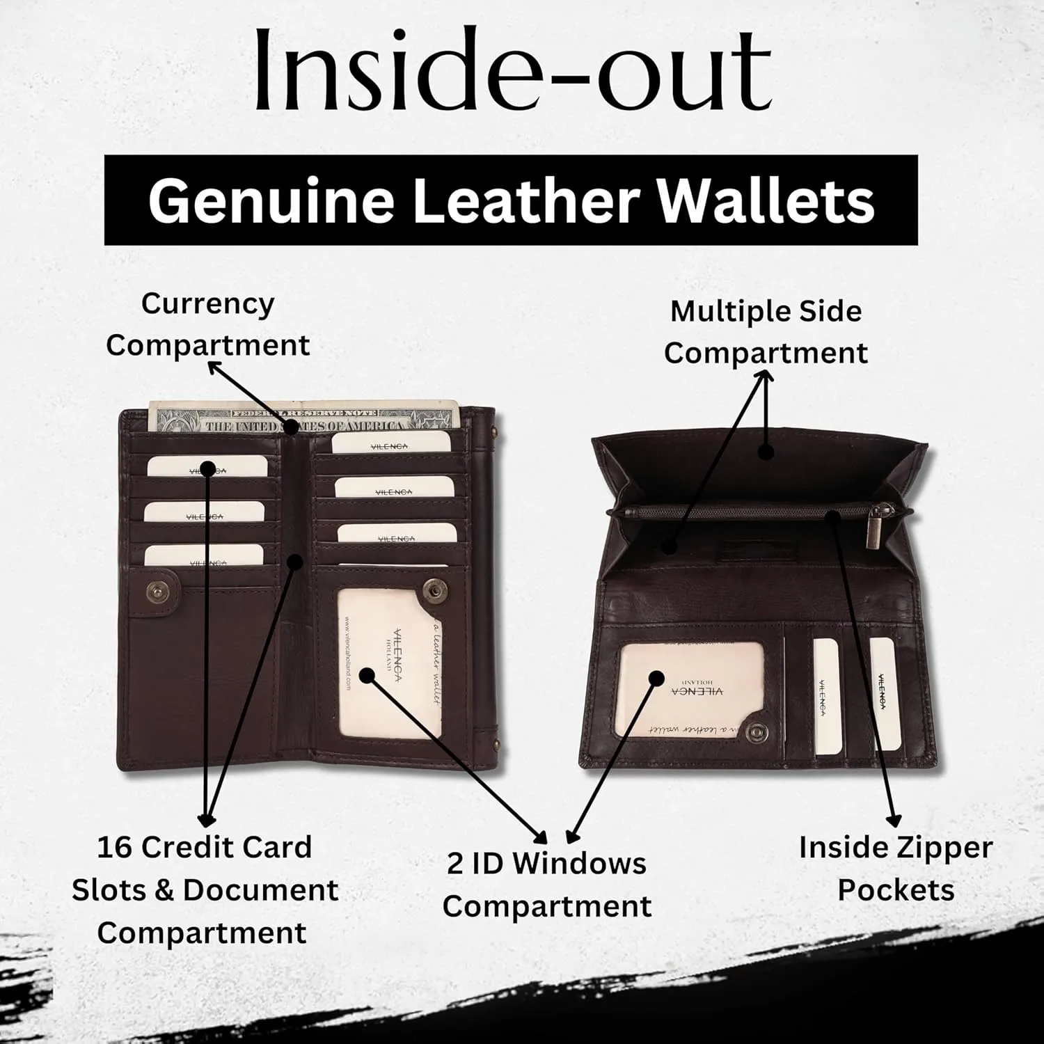 Vintage Italian Leather Boho Studded Trifold Wallet  Zipper Coin Purse & Credit Card Holder for Women (Brown)