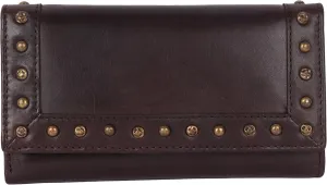 Vintage Italian Leather Boho Studded Trifold Wallet  Zipper Coin Purse & Credit Card Holder for Women (Brown)