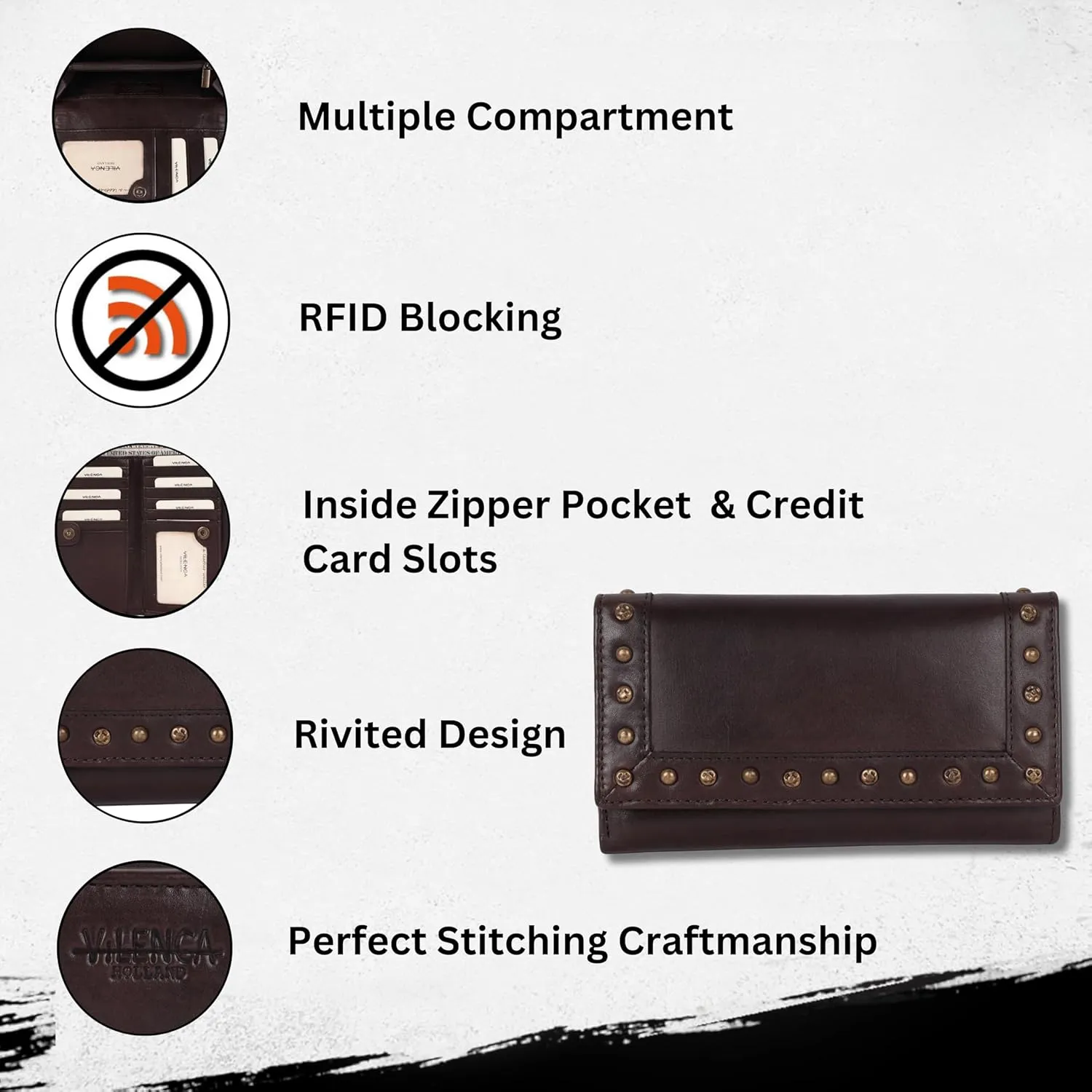 Vintage Italian Leather Boho Studded Trifold Wallet  Zipper Coin Purse & Credit Card Holder for Women (Brown)