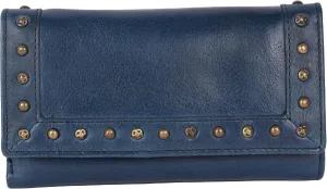 Vintage Italian Leather Boho Studded Trifold Wallet  Zipper Coin Purse & Credit Card Holder for Women (Navy)
