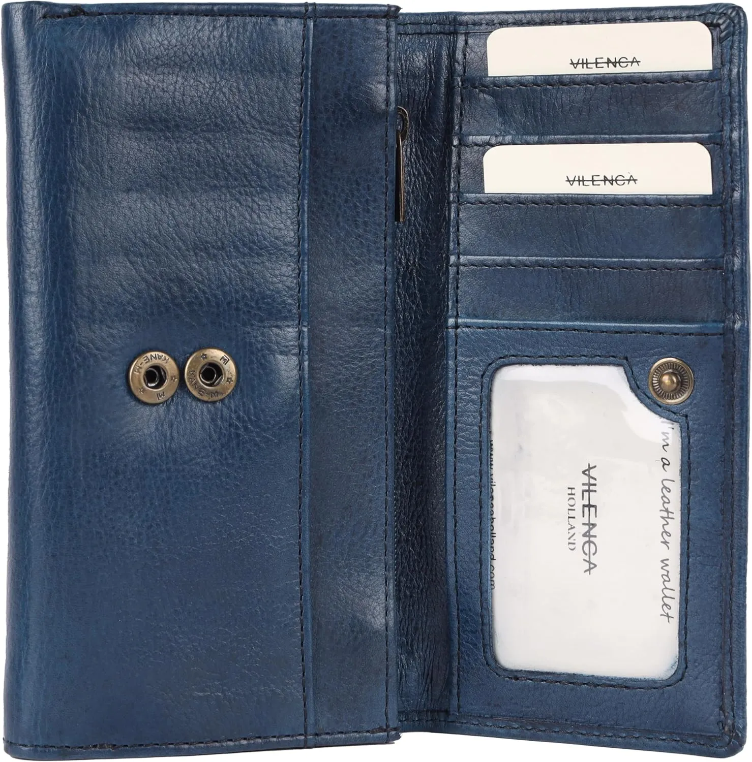 Vintage Italian Leather Boho Studded Trifold Wallet  Zipper Coin Purse & Credit Card Holder for Women (Navy)