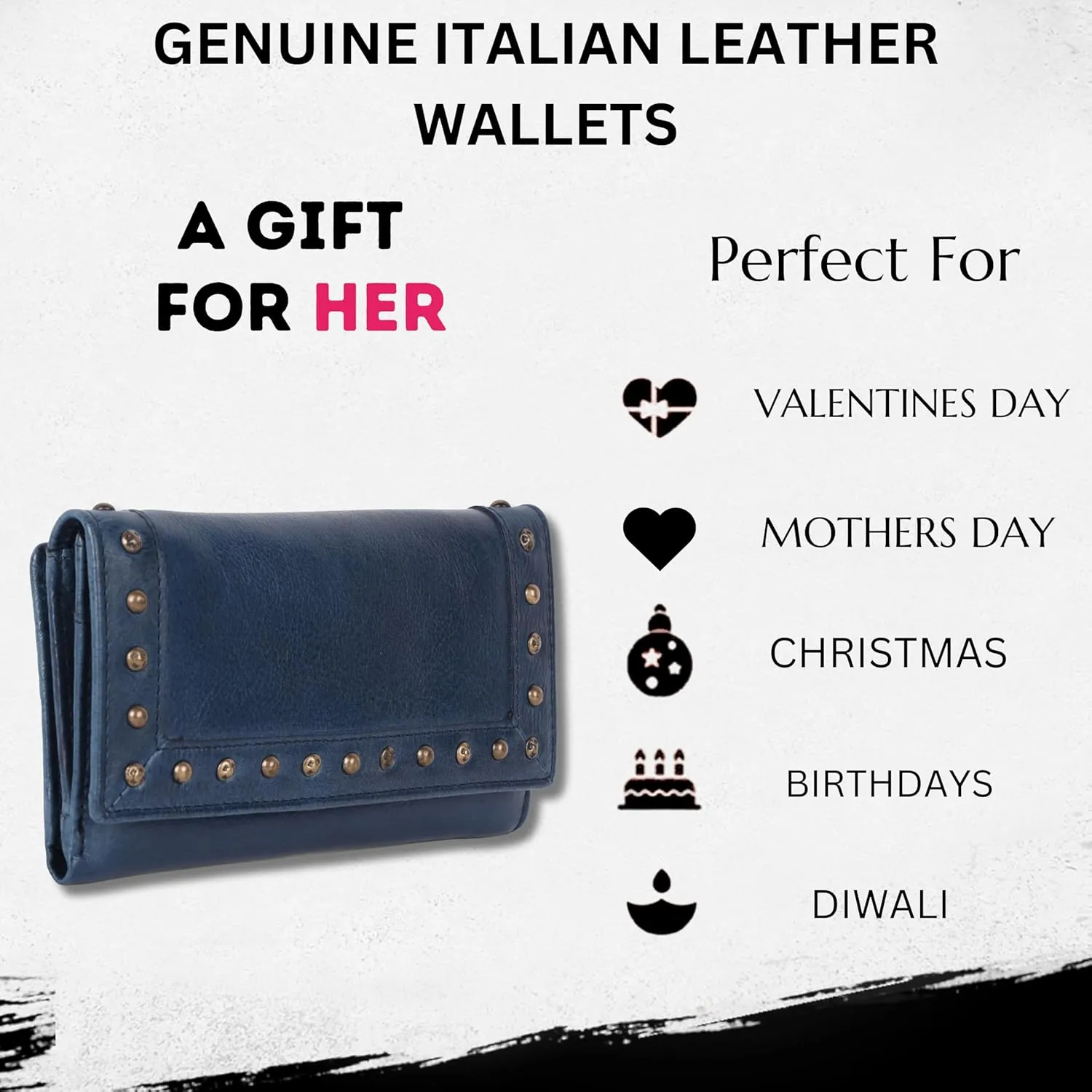 Vintage Italian Leather Boho Studded Trifold Wallet  Zipper Coin Purse & Credit Card Holder for Women (Navy)