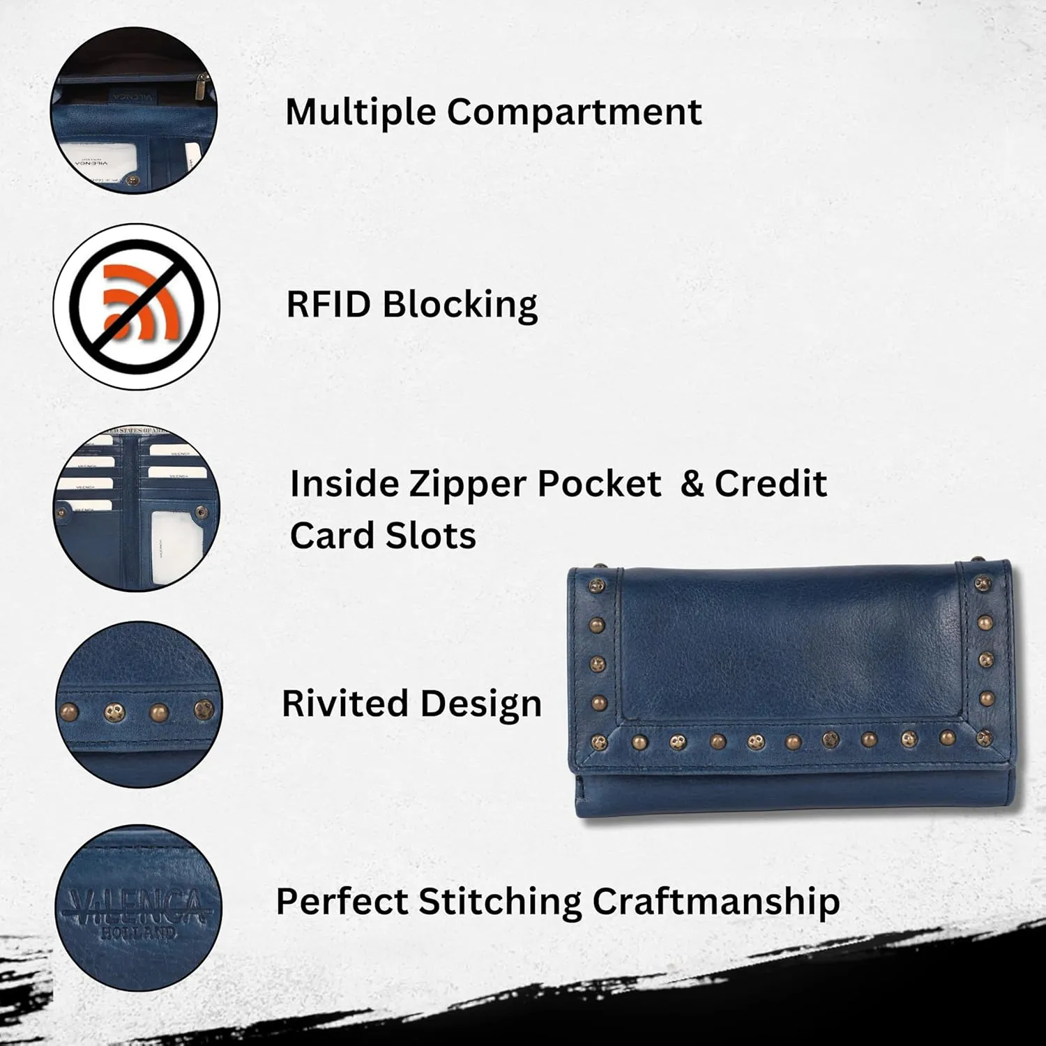 Vintage Italian Leather Boho Studded Trifold Wallet  Zipper Coin Purse & Credit Card Holder for Women (Navy)