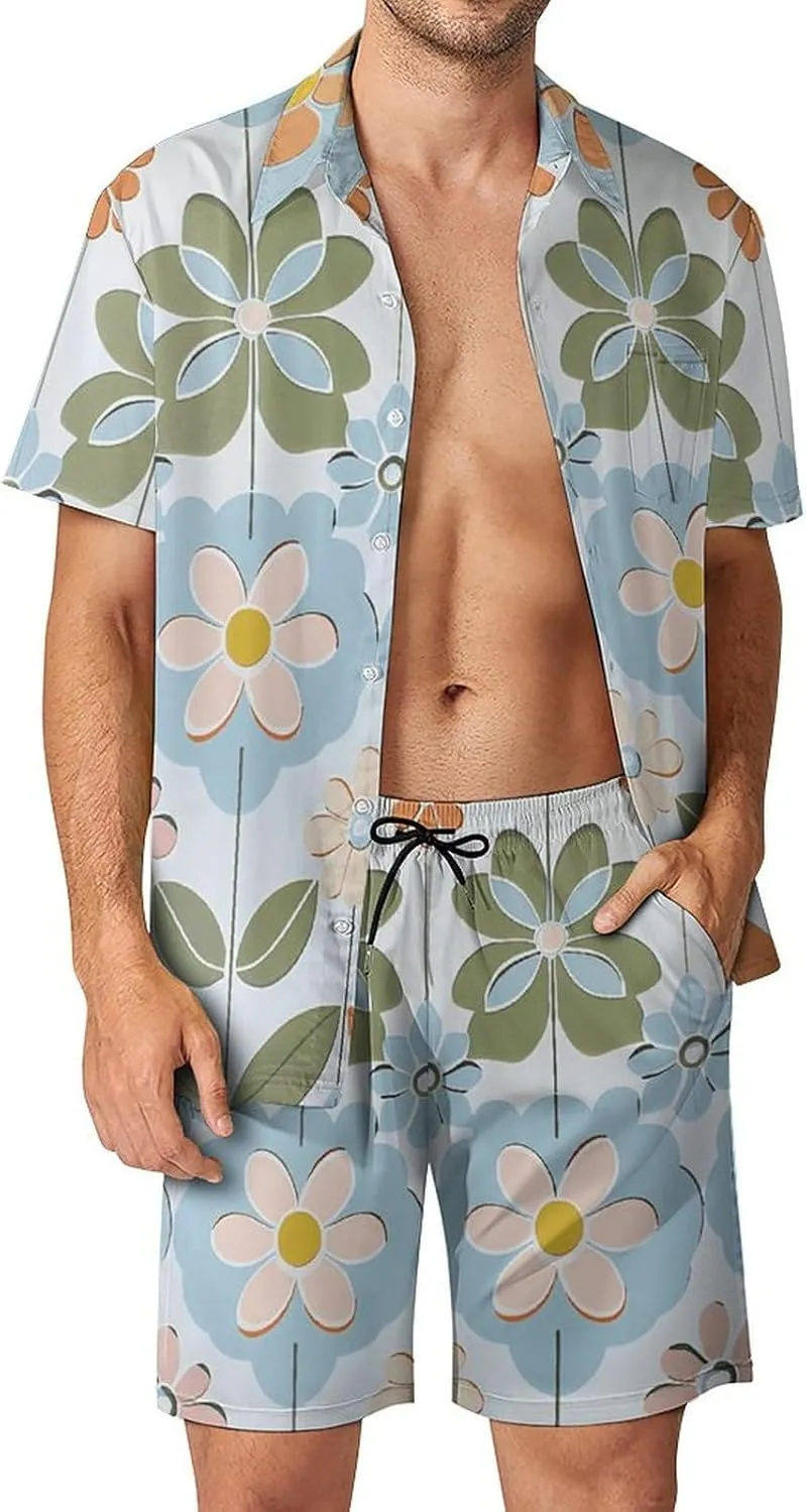 Vintage Style Flowers Mens Swimsuit 2 Pieces Set Quick Dry Shorts Shirts Summer Button Down Short Sleeve Set