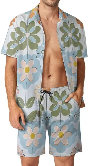 Vintage Style Flowers Mens Swimsuit 2 Pieces Set Quick Dry Shorts Shirts Summer Button Down Short Sleeve Set
