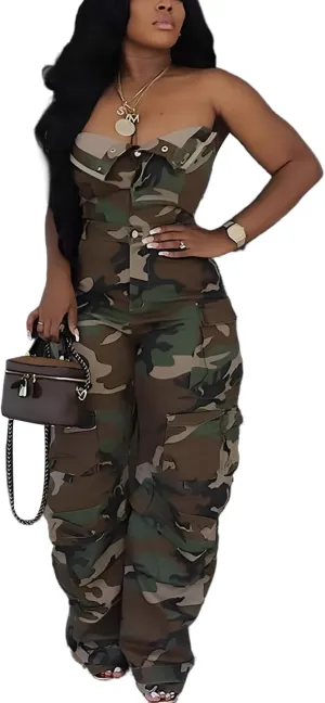 Voghtic Denim Jumpsuit for Women Sexy Off Shoulder V Neck Button Down Cargo Jean Jumpsuit One Piece Outfits