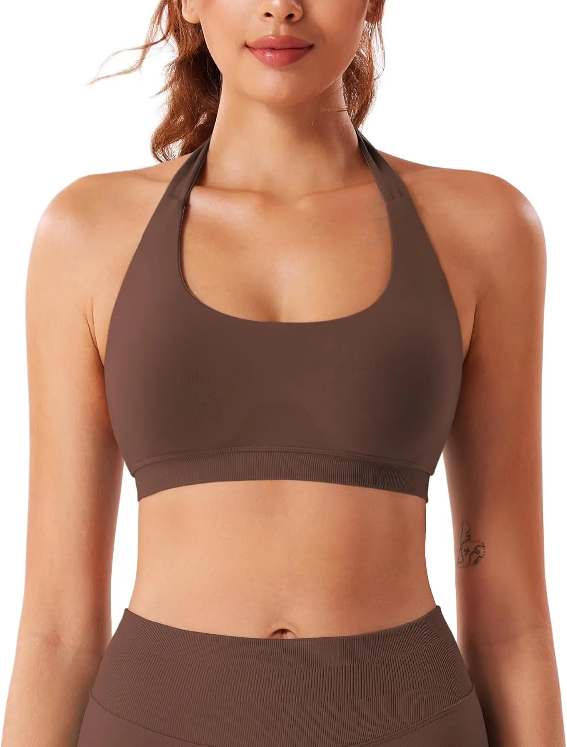VOYJOY Women Workout Impact Bras Medium Low Support Halter Sports Bras Seamless Open Back Gym Padded Yoga Crop Top
