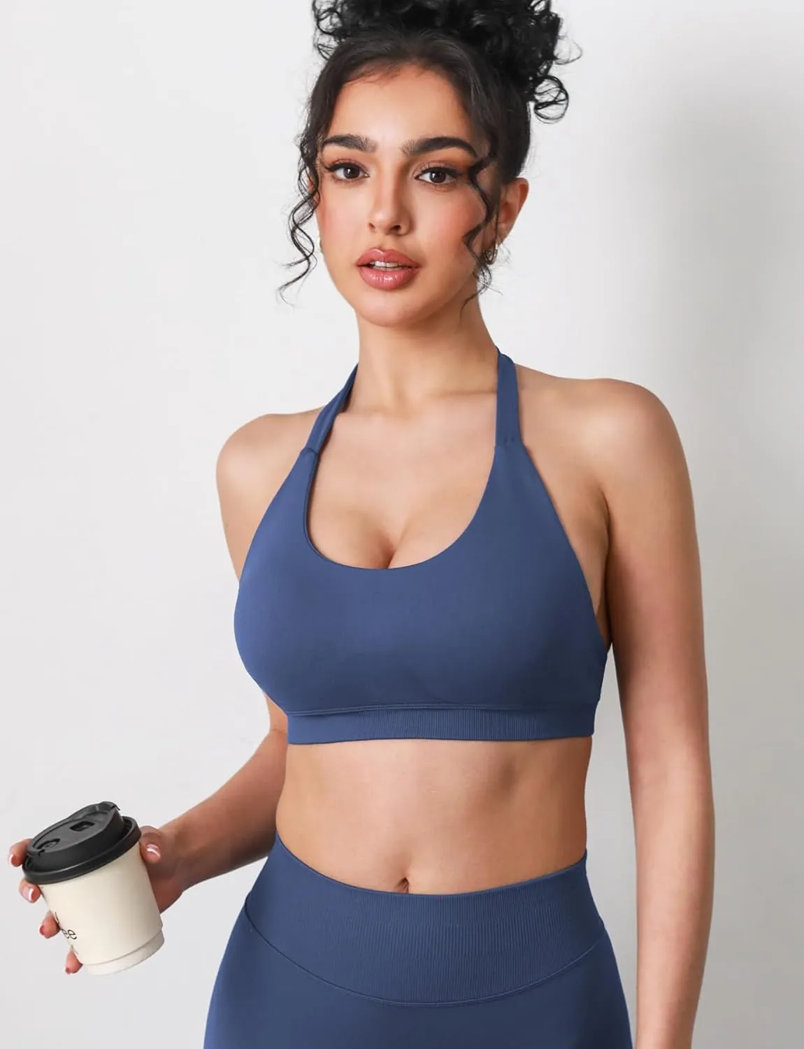 VOYJOY Women Workout Impact Bras Medium Low Support Halter Sports Bras Seamless Open Back Gym Padded Yoga Crop Top