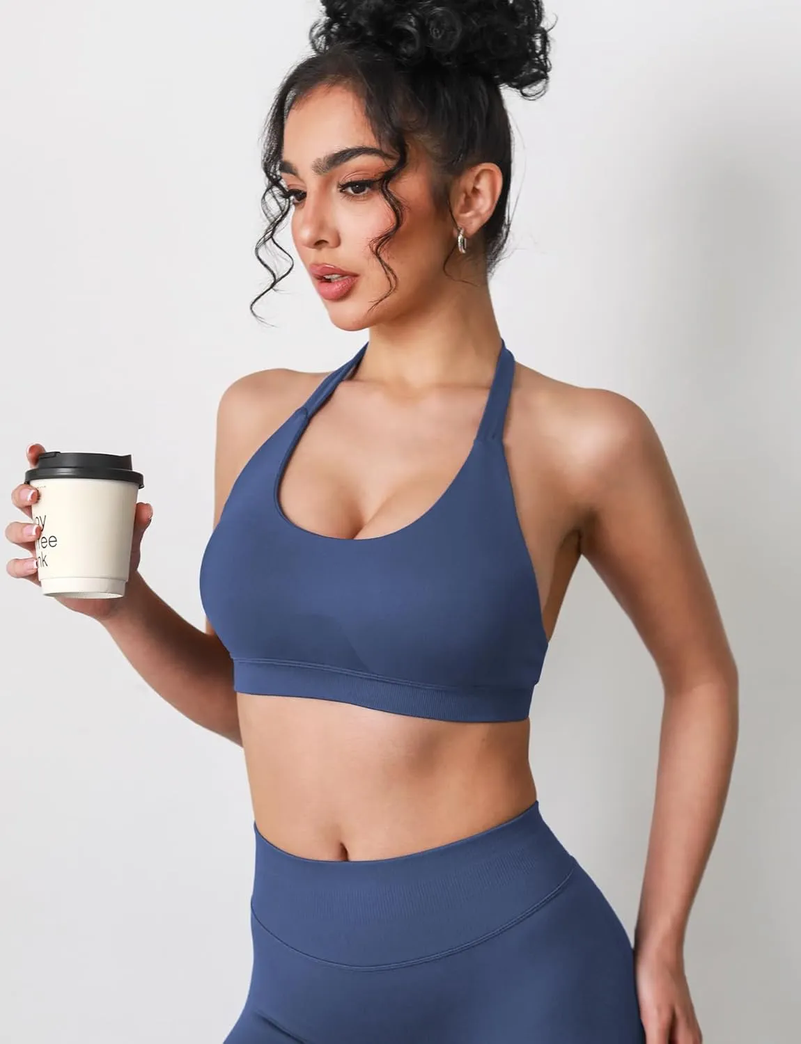 VOYJOY Women Workout Impact Bras Medium Low Support Halter Sports Bras Seamless Open Back Gym Padded Yoga Crop Top