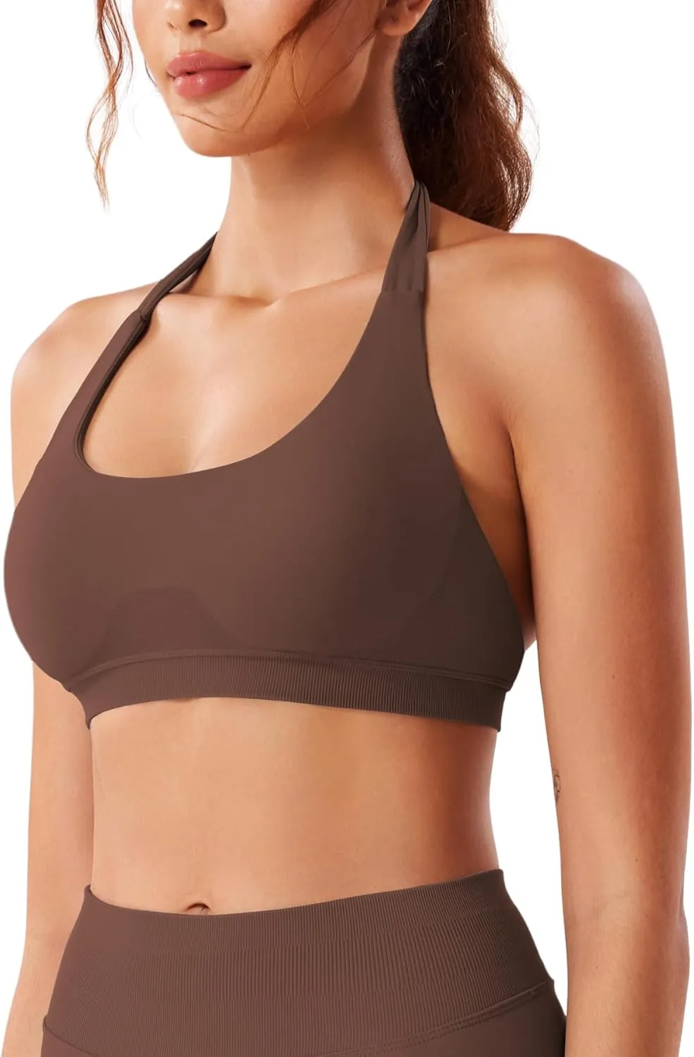 VOYJOY Women Workout Impact Bras Medium Low Support Halter Sports Bras Seamless Open Back Gym Padded Yoga Crop Top