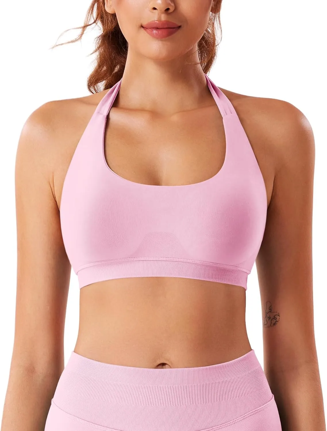 VOYJOY Women Workout Impact Bras Medium Low Support Halter Sports Bras Seamless Open Back Gym Padded Yoga Crop Top