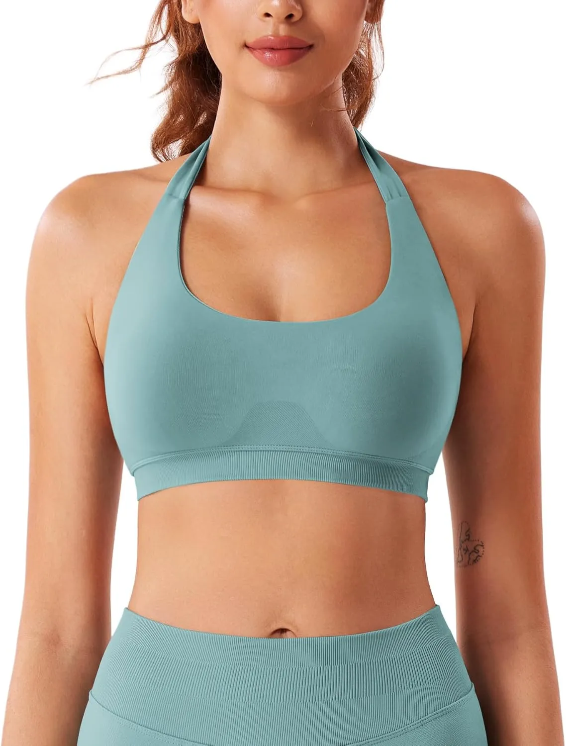 VOYJOY Women Workout Impact Bras Medium Low Support Halter Sports Bras Seamless Open Back Gym Padded Yoga Crop Top