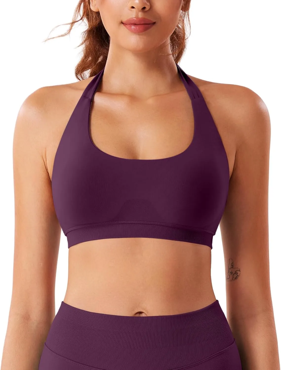 VOYJOY Women Workout Impact Bras Medium Low Support Halter Sports Bras Seamless Open Back Gym Padded Yoga Crop Top