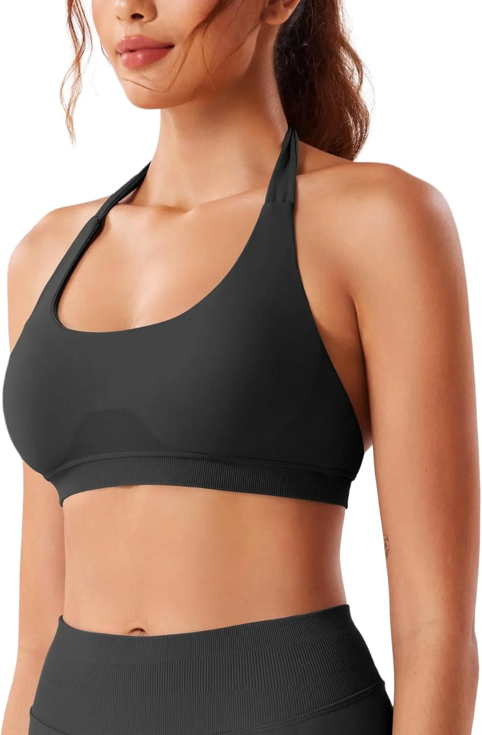 VOYJOY Women Workout Impact Bras Medium Low Support Halter Sports Bras Seamless Open Back Gym Padded Yoga Crop Top