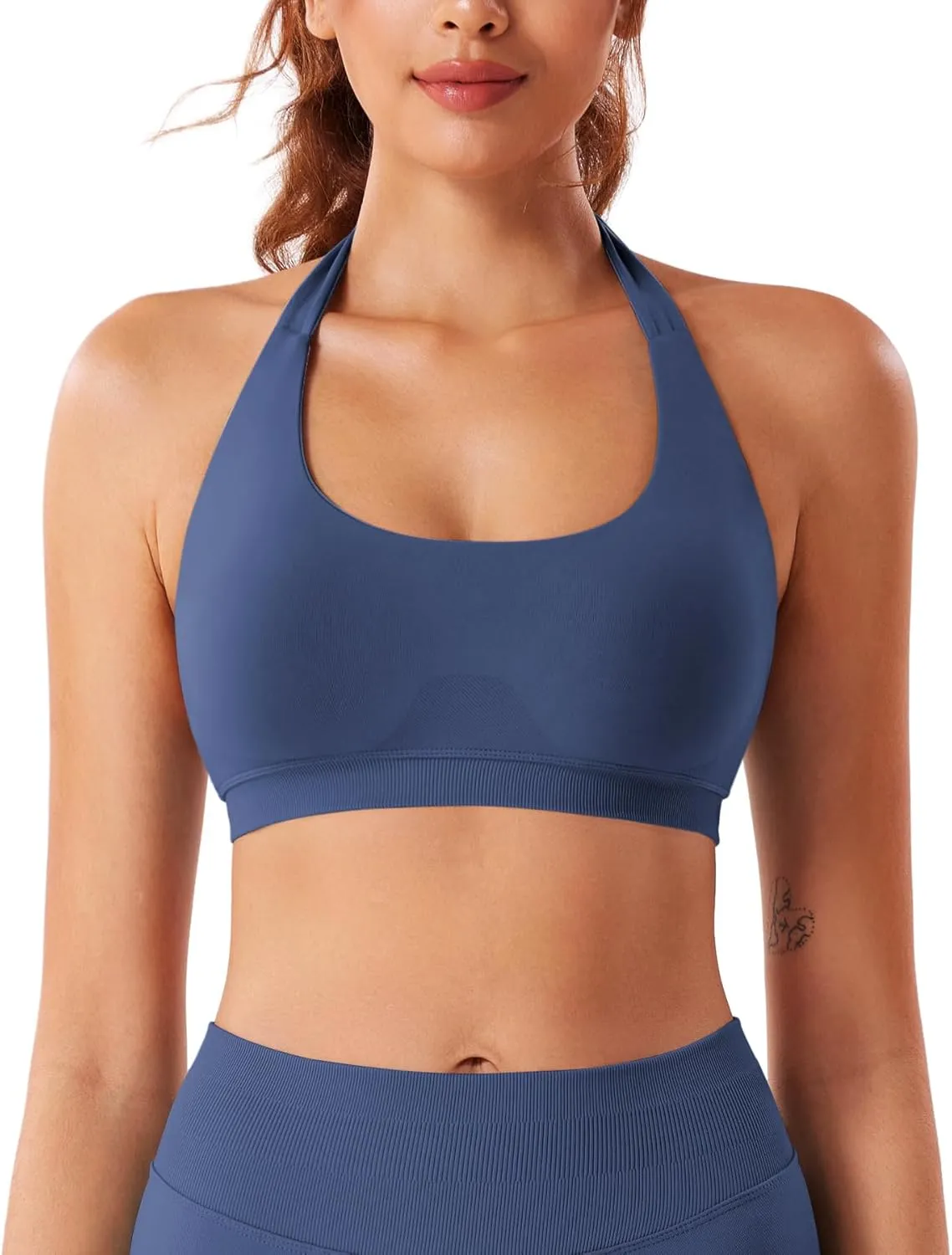 VOYJOY Women Workout Impact Bras Medium Low Support Halter Sports Bras Seamless Open Back Gym Padded Yoga Crop Top